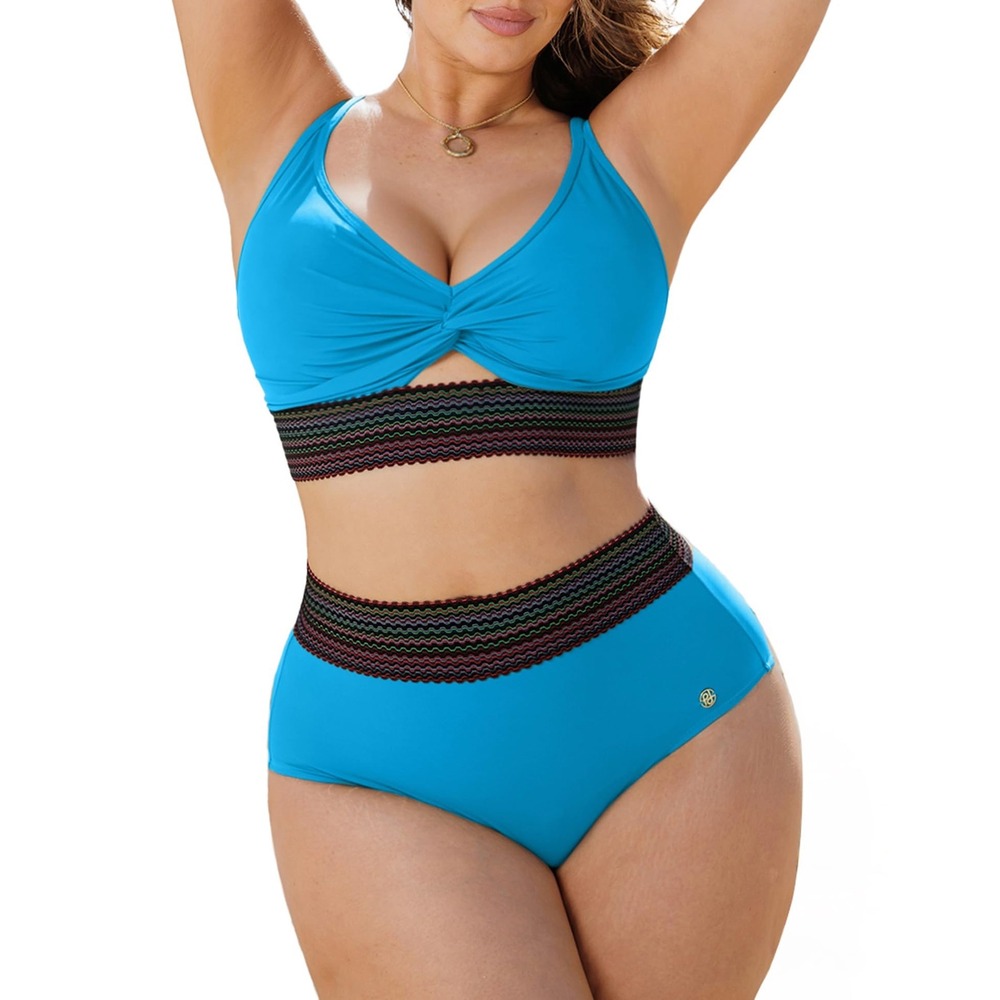 Popilush Tummy Control Bikini Set Blue High Waisted Boho Shapewear Swimsuit XL